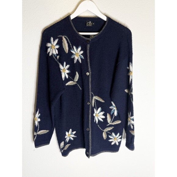MonRepos Alpaca Floral Cardigan Sweater Size Large Navy Blue - Picture 1 of 3
